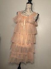 Vtg 60s 70s Evette Peach Sheer Chiffon Nylon Babydoll Nightgown Tiered Coral S