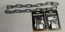 Master padlock w/key sheds&gates No. 500-D lotof 2 with maillon rapide chain 32"