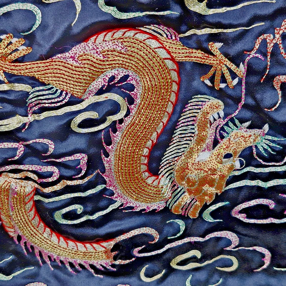 Antique or Vintage 100% Silk Embroidered 3D Dragon Vest Black Gold 3 Dragons 34" - Image 3 of 4