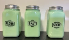 Mckee Jadeite Art Deco Salt, Flour and Sugar Shakers with Lids