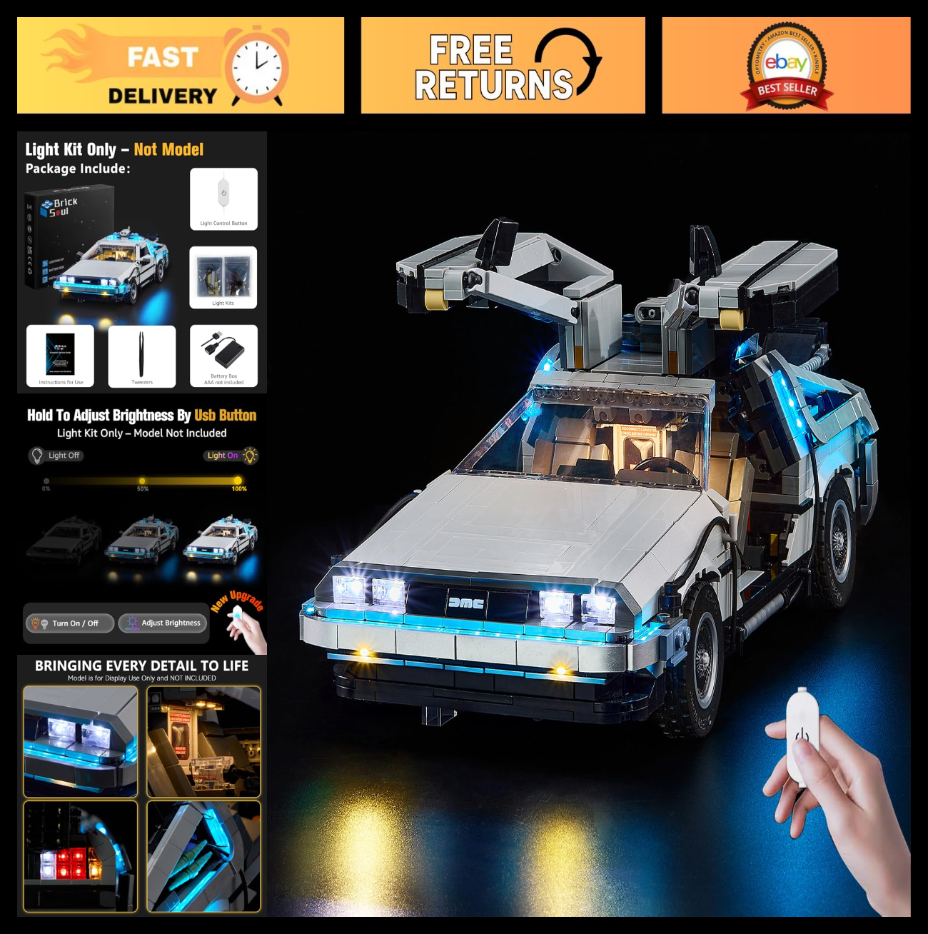 LED Light Up Kit for Lego Back to The Future Time Machine 10300 - Dimmable Upgra