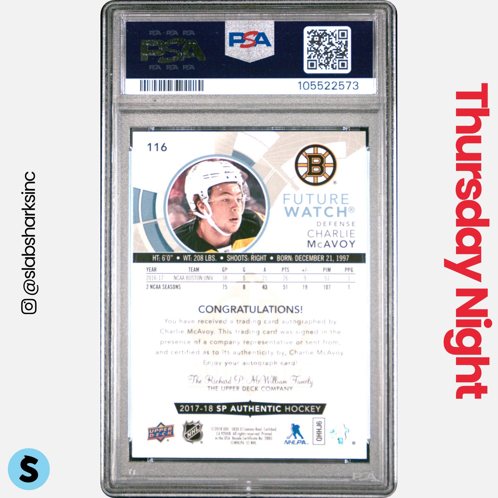 2017 SP AUTHENTIC #116 CHARLIE MCAVOY FUTURE WATCH AUTO RC ROOKIE /999 PSA 10 view 2