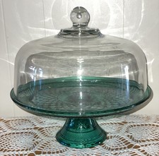 Vtg Anchor Hocking Wexford Cake Plate Emerald Green Stand-Clear Punch Bowl W Box