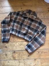 Brown Plaid Fuzzy Pullover Cropped Teddy Sweater Size Small