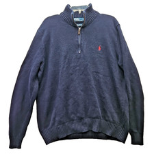 Polo Ralph Lauren Winter Sweater Mens Size L Blue Knit Quarter Zip Logo H-23