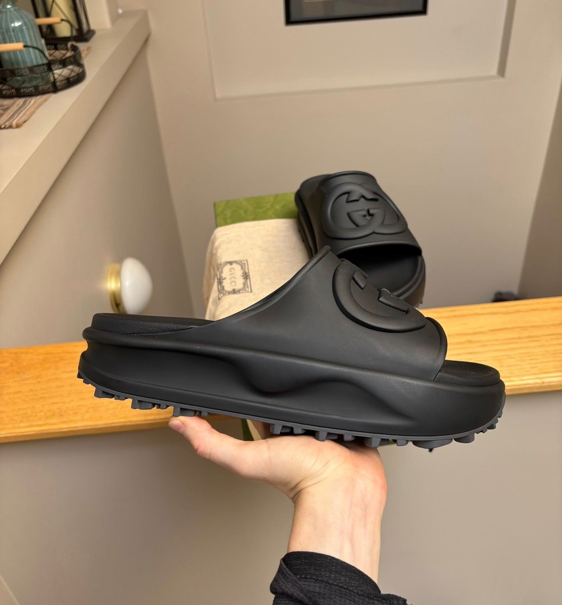 Gucci Black Retro Interlocking Platform Slides- MSRP $700  display picture 3