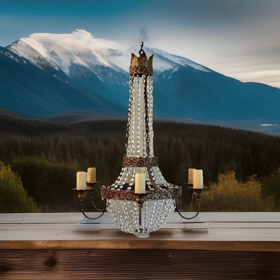 "Candelabro canasta con cuentas de cristal de hierro napolitano francés NIERMANN WEEKS 32"" de ancho" Foto 2 de 4