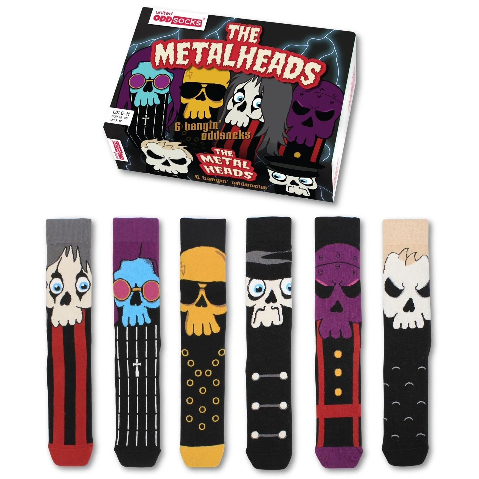 Novelty Heavy Metal Socks Gift Box of 6 Mens Mismatched Metalheads UK Size 6-11