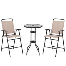 3PCS Outdoor Bistro Set Patio Folding Chairs Round Bar Table w/4CM Umbrella Hole