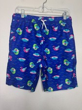 Lands' End Boys XL Swim Trunks Deep Sea Multi Sharks Navy Blue 14-16H Drawstring