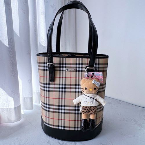 BURBERRY Bucket Bag Khaki Canvas Embossed Emblem Shoulder Bag