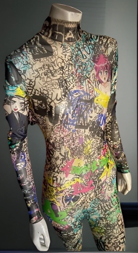DSQUARED2 Skin Punk Mesh Bodystocking Anime & Graffitti Sz L Catsuit - Image 4 of 4