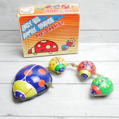 Wind-Up Lady Bug Family Parade w Box Tin Collectable Toy
