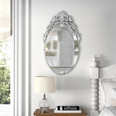 Elegant 42'' X 24'' Oval Frameless Bathroom Mirror with Floral Etching