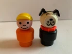 VINTAGE FISHER PRICE LITTLE PEOPLE ORANGE BODY BOY W/CAP & DOG   1970'S
