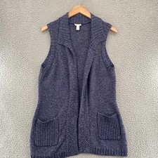 Chicos Sweater Womens 2 US Large Navy Silver Heather Vest Open Longline Pocket