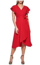 DKNY Short Flutter Sleeve Surplice V-Neck Tie Waist Fit & Flare Dress Red Size 6