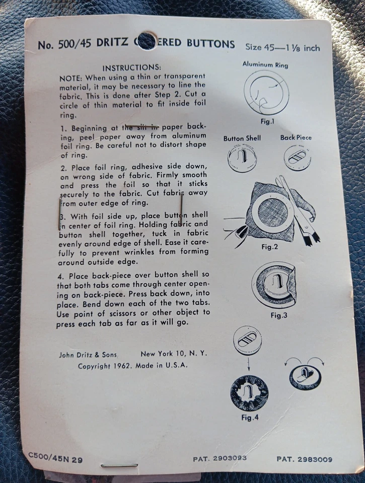 Vintage Carded Dritz Covered Buttons Size 45 1 1/8" -- No. 500/45 1962 - Image 3 of 4