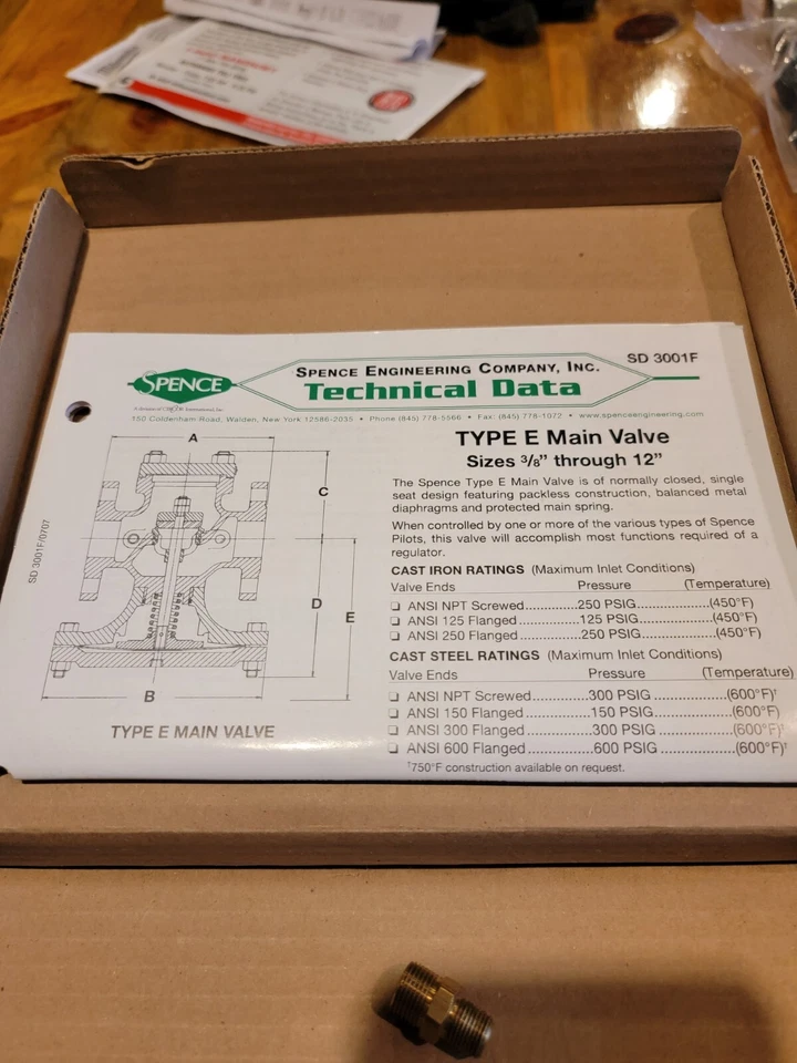 SPENCE ENGINEERING FIT-E-B1E1A1A REGULADOR DE VÁLVULA PRINCIPAL CURVAS Y ACCESORIOS 1" Foto 3 de 3