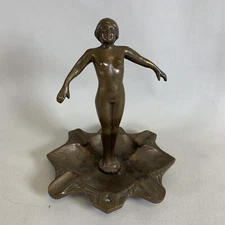 Antique Italian ashtray Fountain Putto Woman Brass metal ashtray -7.5" Inches