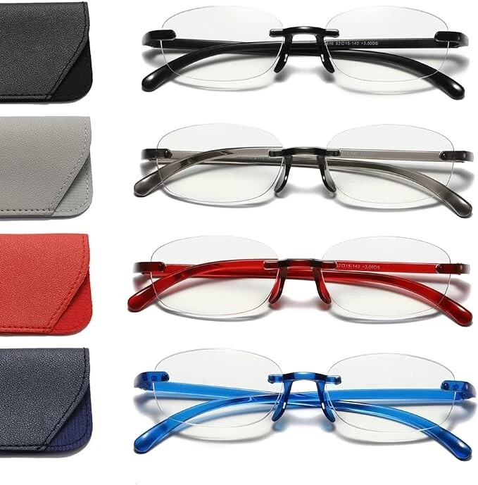 Hubeye 4 Pack Rimless Reading Glasses for Women Men Oval Lightweight Blue Light