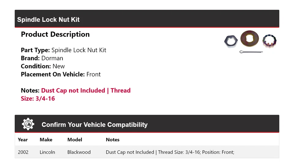 Kit de tuercas de bloqueo de husillo delanteras para Lincoln Blackwood Dorman 2002 Foto 2 de 4