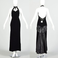 Small 1980s Black Velvet Backless Mermaid Train Formal Evening Prom Dress VTG