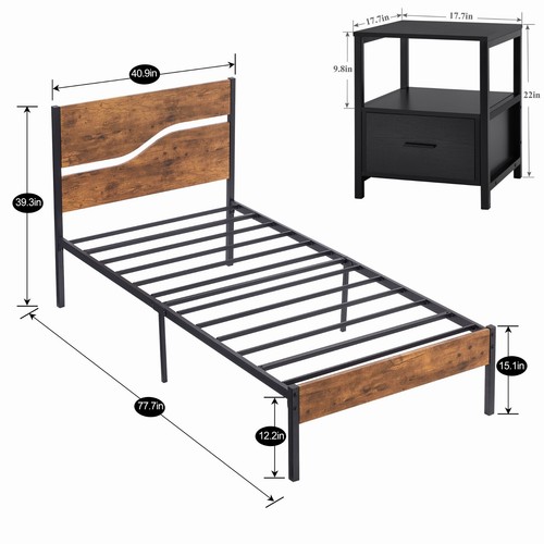 3piece Bedroom Furniture Set Modern Queen Full Size Bed Frame with 2