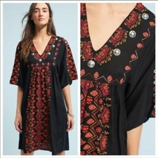 Anthropologie Rala Embroidered Medallion Dress Black & Red V-Neck XSP