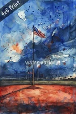 Flag and baseball field watercolor Art 4x6 Print