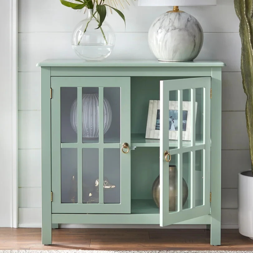 Mint Green Glass Door Cabinet with Fixed Shelf and Bold Modern