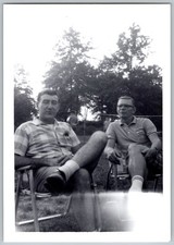 Vtg B&W Snapshot Two Men Relaxing in Lawn Chairs Plaid Shirt Outdoors 1960s
