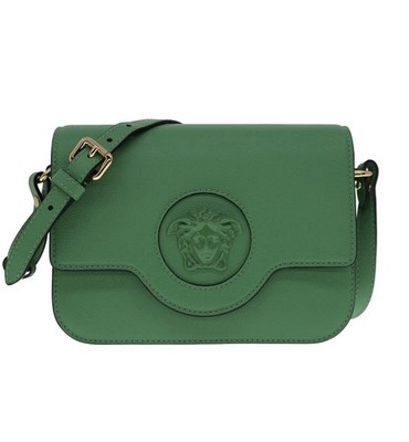 VERSACE グリーン ケース Versace La Medusa Logo Plaque Green Pebbled Leather Crossbody Bag
