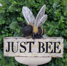 Beautiful Bumble Bee Figurine and Rustic Farmhouse JUST BEE Wood Sign
