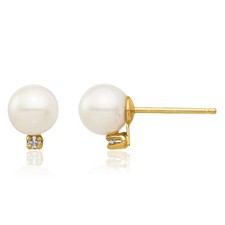 14K Solid Yellow Gold 5mm White Round Freshwater Cultured Pearl Diamond Stud ...