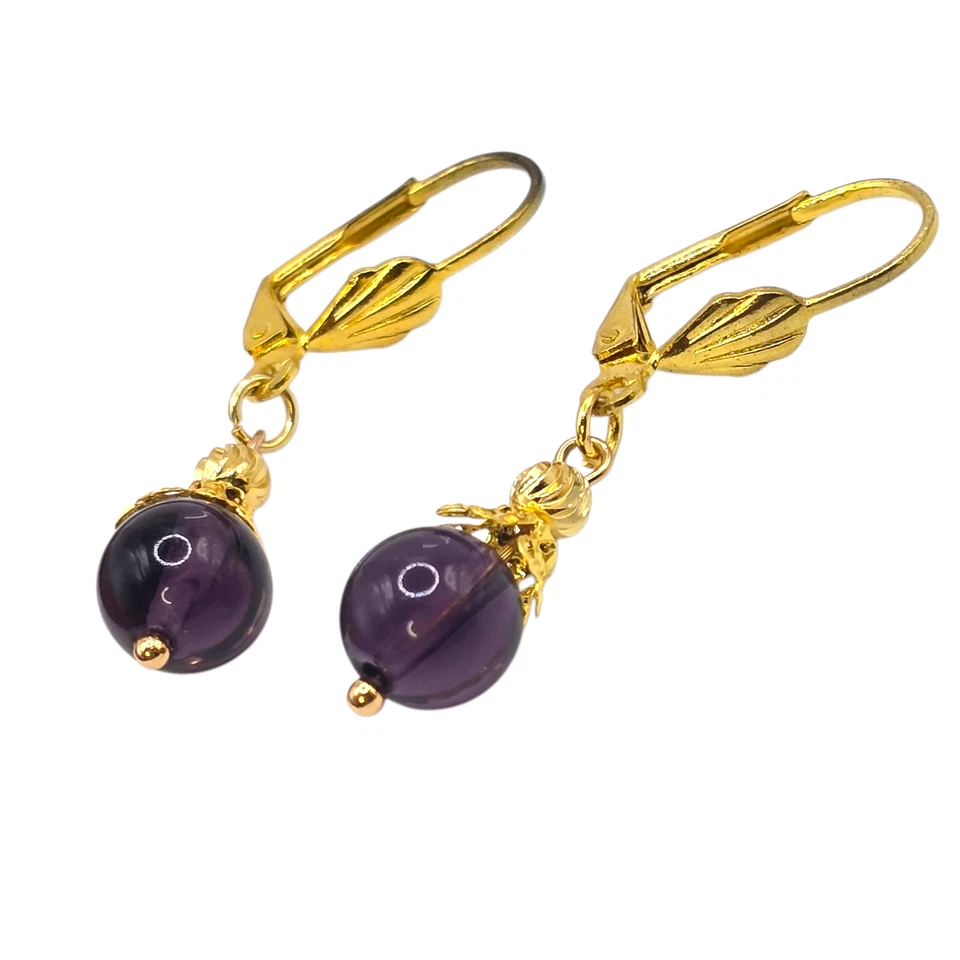 Amethyst Bead Pierced Earrings Dangle Drop Gold Tone Leverback 8mm SKU 2805 - Image 3 of 4