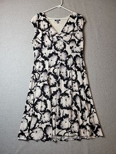 Vtg Chaps Black White Floral V Neck Empire Waist Fit & Flare Midi Dress Women XL
