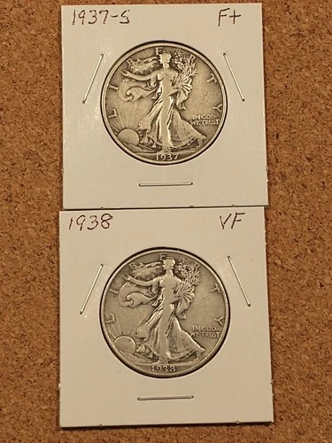 2 Low Mintage Liberty Walking Half Dollars, 1937-S F+, 1938 VF