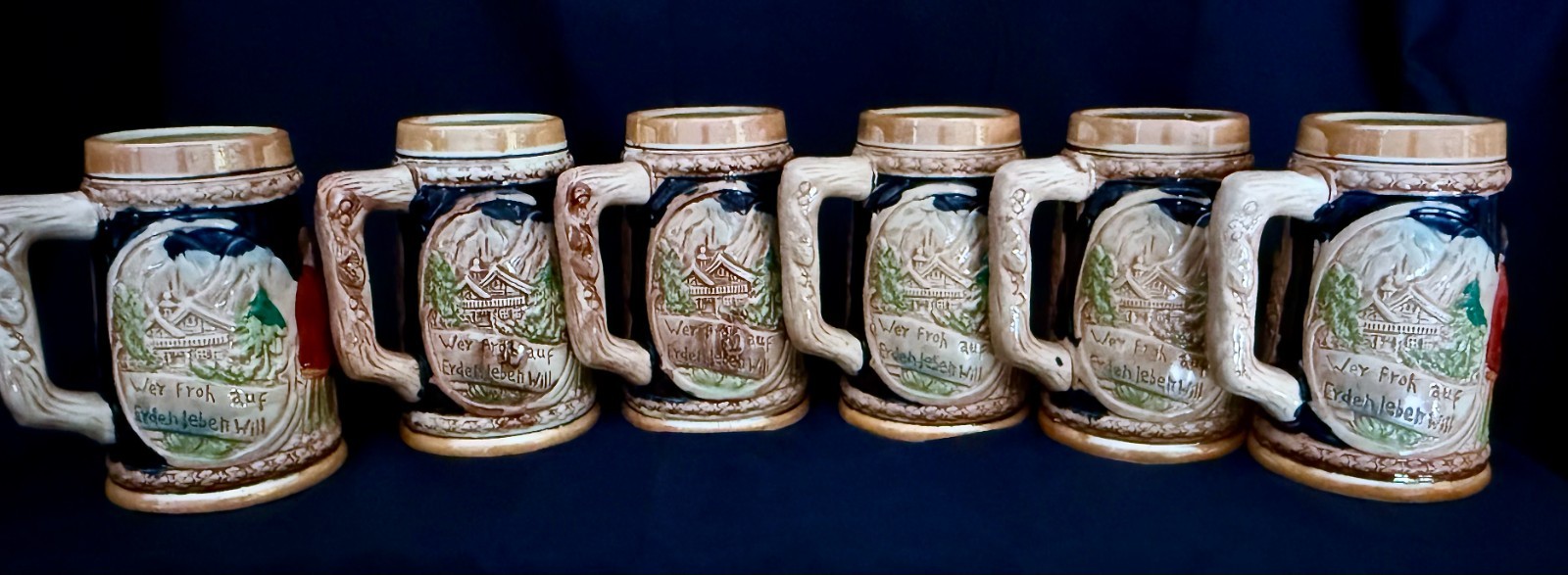 Set of 6 Japanese Beer Mug Steins Mid-20th Century 3 Men Drinking Beer at Table