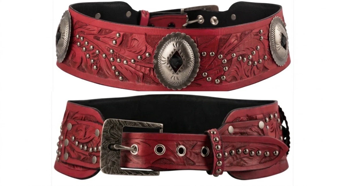 Juan Antonio Red Tooled Leather Western Belt Studded Silver Concho Wide Kidney S Studded Red Belts for Women for sale | eBay main image 2