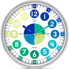 Kids Analog Learning Clock Silent Non Ticking 10 Inch Blue Green Wall Clock