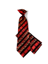 Karl Knox Boy's Clip-on Tie Hanky Set Gold Red Gold Black Polyester 8.5" Long