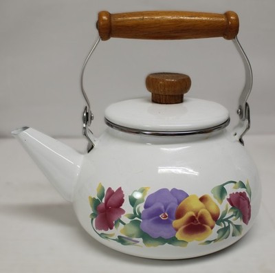 Corelle Coordinates Summer Blush Tea Kettle Enamel Wood on Steel Handle  2.3 Qt