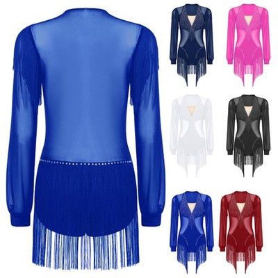 Womens Jumpsuit Rhinestones Dancewear Jazz Leotard Rumba Dress Open Crotch Mesh