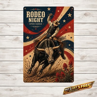 Cowboy Riding Bull American Flag Metal Sign Rodeo Retro Wall Decor