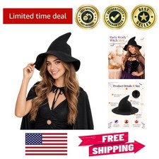 Comfortable and Elegant Black Witch Hat - One Size Fits Most for Halloween Fun