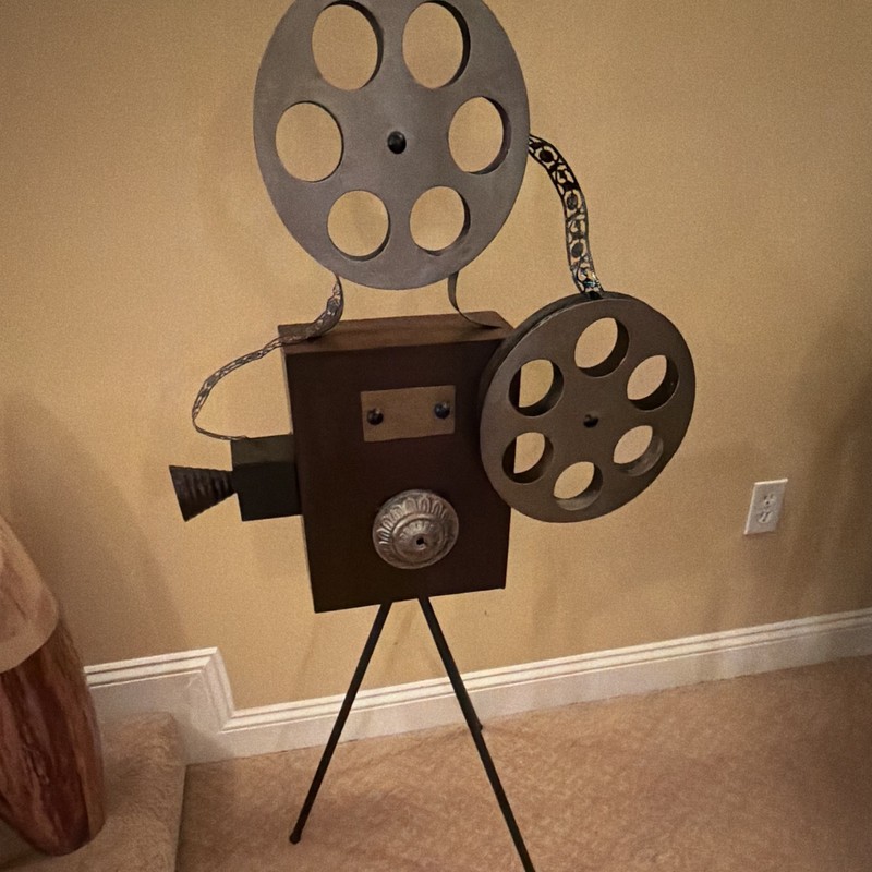 Metal Movie Camera Sculpture Figurine w/ Film Reels, 3D Effect, Metallic + other
