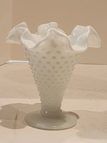 Vintage Fenton Hobnail White Milk Glass Vase Fluted Ruffle Edge - 3 3/4 “