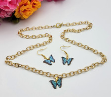 Blue Enamel Butterfly Necklace And Earrings Set Gold Tone 28" Adjustable