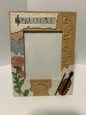 Vintage Music Themed Photo Frame• Resin•Violin And Flowers•Open Box